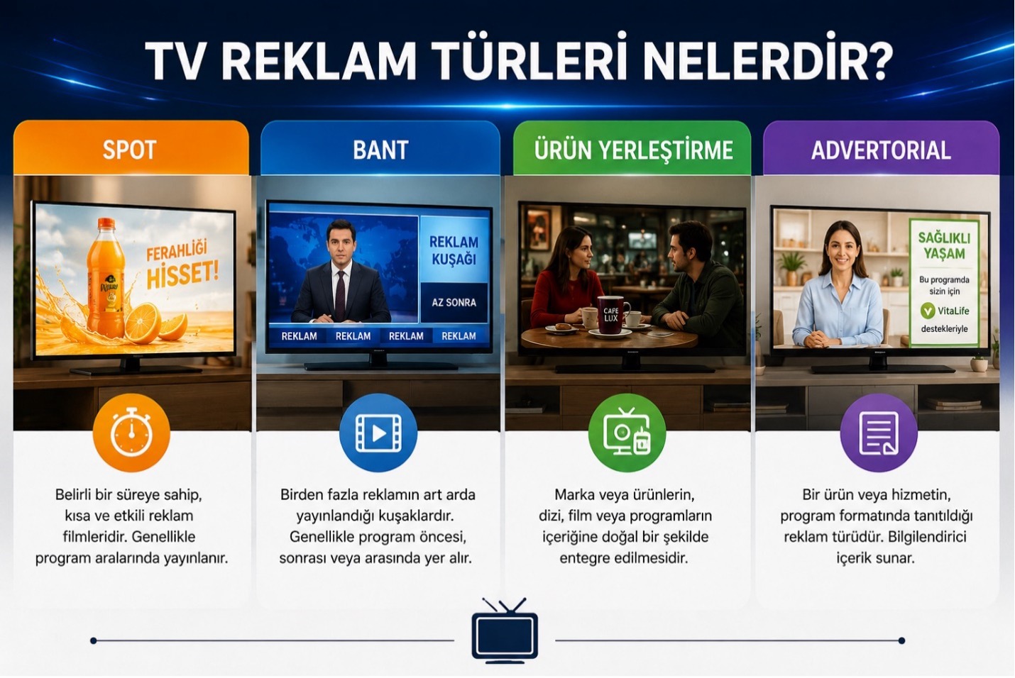 Spot, bant, ürün yerleştirme ve advertorial TV reklam türleri